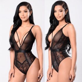 Fashion Sleepwear Backless Teddies Hollow Bodysuit Floral Lace Halter One Piece Sexy Lingerie (Color: Black, size: XL)